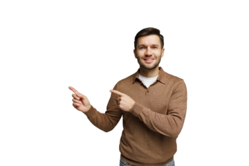 Person smiling while pointing in a clear space, showcasing a friendly and engaging demeanor