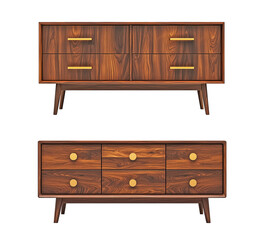 Fototapeta premium Dark walnut wood sideboard with four drawers, gold handles, mid-century design, suitable for dining room or living room, transparent background