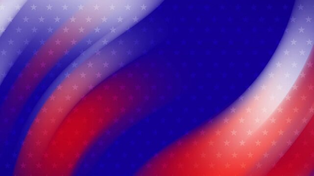Red, white, and blue abstract curves with faint stars. Ideal for patriotic designs, presidents day, Fourth of July promotions, or festive holiday.