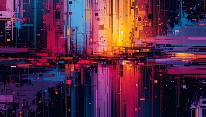 Abstract Digital Cityscape Vivid Colors Geometric Design