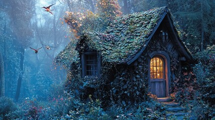 Enchanting fairytale cottage nestled in a mystical forest at twilight.