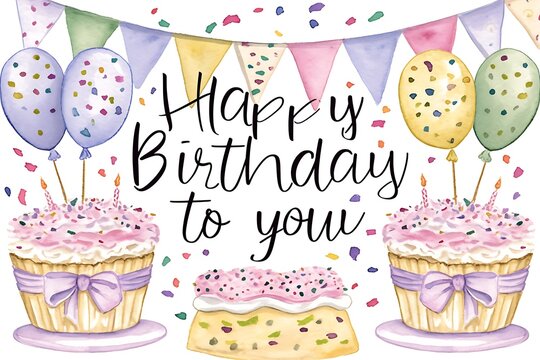 Watercolor birthday card with cakes and balloons.