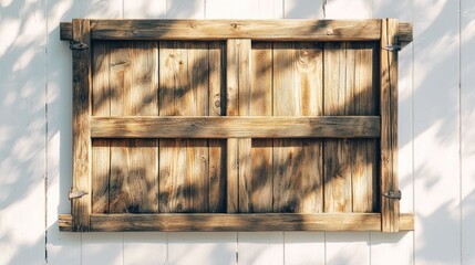 Rustic wooden framed panel on white wall with leaf shadows.