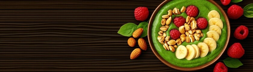 Fototapeta premium Delicious and Nutritious Smoothie Bowl with Fresh Raspberries, Sliced Bananas, Crunchy Nuts, and Vibrant Green Spinach on a Wooden Background
