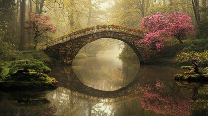 Naklejka premium Stone arch bridge over calm misty lake in autumnal park.
