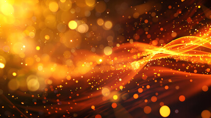 Abstract golden and orange background with glowing particles and flowing lines.