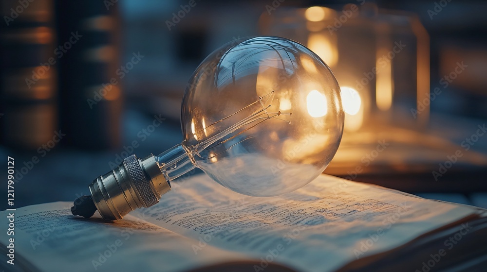 Poster Glowing light bulb illuminating open book in atmospheric setting
