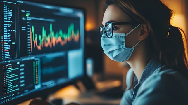 Focused Woman Wearing Mask Analyzing Financial Data on Computer Screen Stock Photo Businesswoman Working Late Night Technology Graphs Charts job covid office