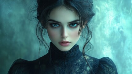 Portrait of a young woman with dark hair and blue eyes, wearing a black lace top against a teal background.