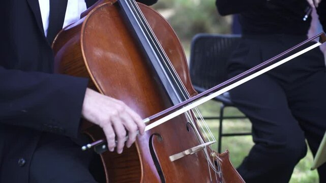 Musician Playing Cello At Outdoor Wedding Ceremony. closeup shot
