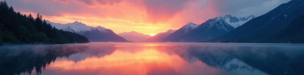 Glacial lake at sunset with mist rising from its surface, tranquil, sunset, lake