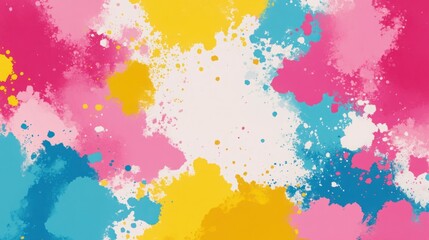 Vibrant Abstract Background with Colorful Paint Splatters in Vivid Shades of Pink, Yellow, and Blue Creating a Playful and Energetic Artistic Vibe for Creative Projects