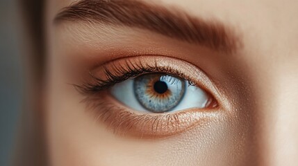 Obraz premium Macro close-up of beautiful eye with long lashes and golden makeup showing perfect vision