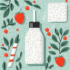 Vibrant Pattern of Strawberries, Leaves, and Condiment Bottle Showcasing Playful Illustrations with a Fresh Summer Vibe Perfect for Culinary and Food-Related Projects
