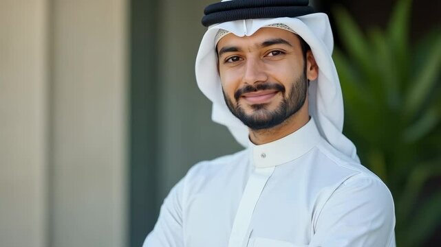 Smiling Young Emirati Man in Traditional Attire with White Kandora and Ghutrah Headdress, Captured Against a Softly Blurred Background