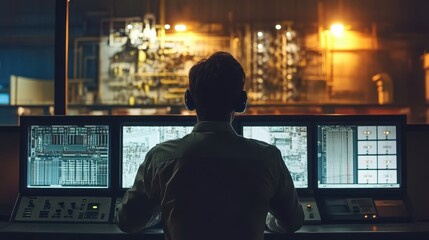 Man monitoring industrial control room screens at night. Illustrates industrial process monitoring and control.