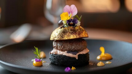Gourmet burger with gold leaf bun, edible flowers, and black charcoal bun. Luxury food photography for restaurant menus, blogs, or articles about upscale dining.