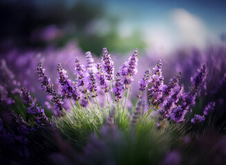 Obraz premium A vibrant cluster of lavender flowers in full bloom, bathed in soft light against a blurred, dreamy background. The purple hues are intense and the scene evokes serenity.