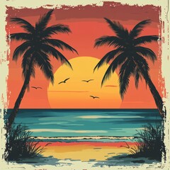 Tropical sunset beach scene with palm trees, ocean, and birds.