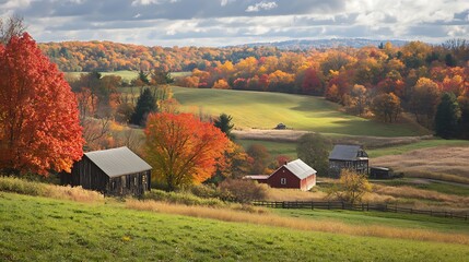 Autumnal Landscape with Farmhouses and Vibrant Foliage