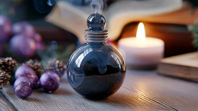 Smoke rises from a round dark potion bottle beside candles and holiday decorations in a cozy setting