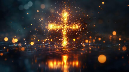 Glowing cross symbol formed by particles on dark background.