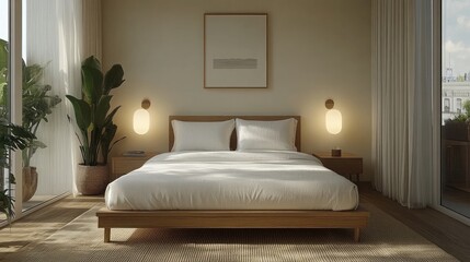 Minimalist bedroom with sunlight, wooden bed, plants, and wall lights.