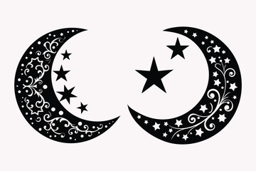 celestial crescent moons, intricate patterns, stars, black and white illustration.