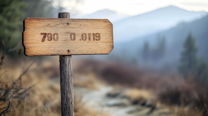 Wooden Trail Sign in Misty Mountain Landscape