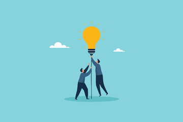 Illuminating Success Together, Two Entrepreneurs Collaborate to Hold Up a Large, Glowing Light Bulb as a Symbol of Innovation and Teamwork