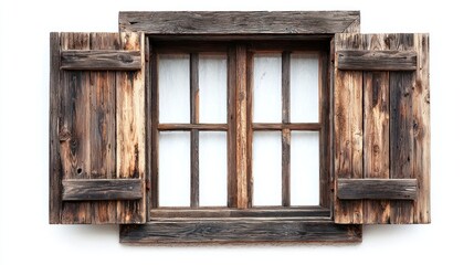 Rustic wooden window with open shutters against a white wall.