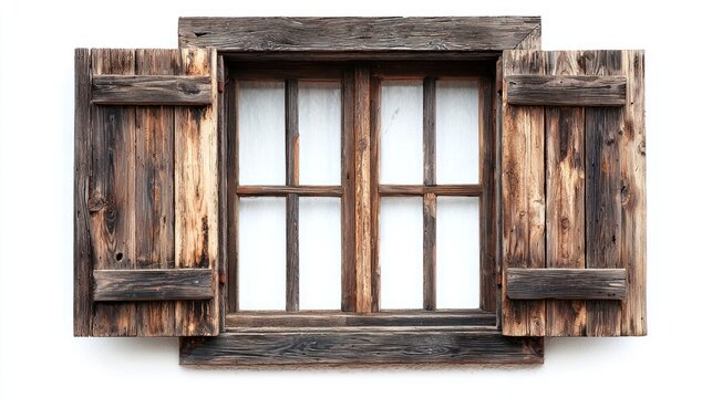 Rustic wooden window with open shutters against a white wall.