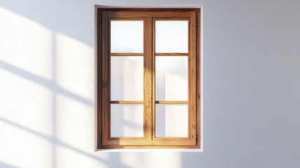 Sunlight through wooden window on white wall.