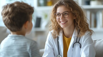 Doctor comforting child in clinic waiting area