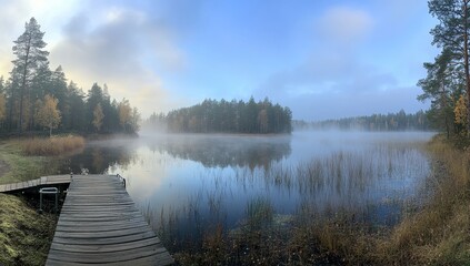 Misty lake, wooden dock, autumn trees reflecting in calm water at sunrise.