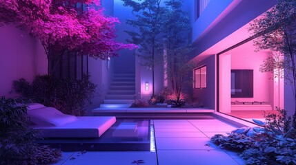 Tranquil neon-lit courtyard with modern architecture and lush plants at night.