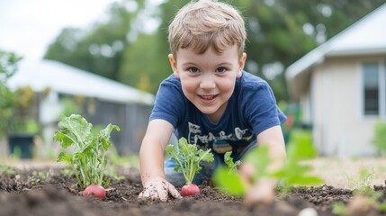 Young gardener delights in harvesting vibrant radishes from the soil