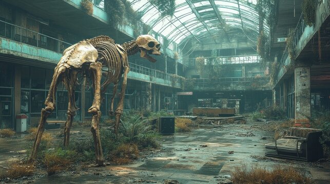 Ape skeleton in overgrown abandoned mall.