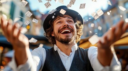 Magician stunning the crowd with card trick in lively 16th-century marketplace