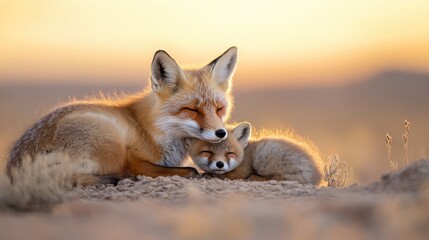 Fototapeta premium Red fox kit snuggles with mother as sunset paints the sky warm