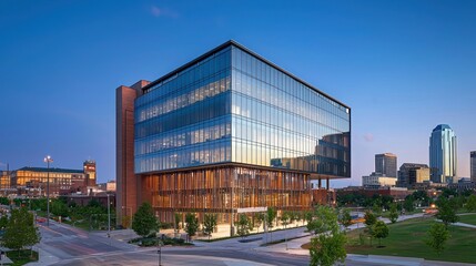 Modern glass and wood office building at dusk.