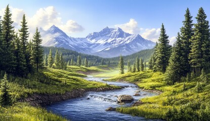 Serene mountain river flowing through lush green valley.