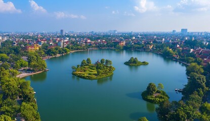 Aerial view of a city lake with islands, trees, and buildings.