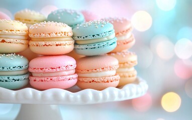 Fototapeta premium Pastel macarons on a white cake stand.
