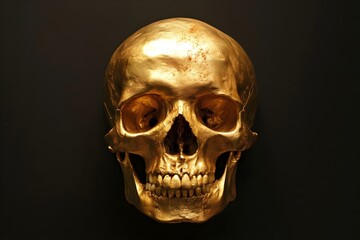 Obraz premium Golden Human Skull Detailed Anatomy Dark Background Luxurious Gold Skull Medical Illustration Human Skeleton Ancient Artifact Death Memento Mori Elegant Gilt 
