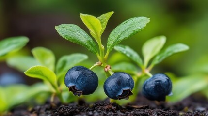 Fresh blueberries glisten beside delicate green leaves in vibrant sunlight