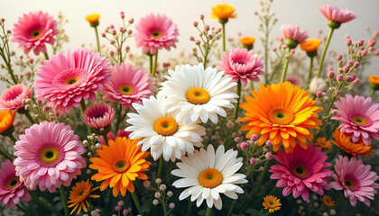 A dynamic floral wall filled with blooming chrysanthemums, daisies, and other wildflowers, bursting with radiant colors and natural beauty.