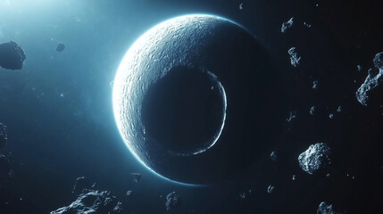 Naklejka premium Dramatic Space Scene: Crescent Planet with Asteroid Field Against Starry Background