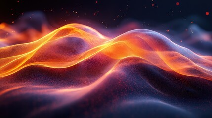 Abstract fiery landscape, digital art, glowing particles, vibrant colors, dynamic waves, mesmerizing texture, fiery hills, cosmic dust, energy flow, abstract background