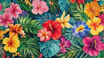 Vibrant tropical floral pattern with hibiscus, leaves, and other blossoms in vivid colors.